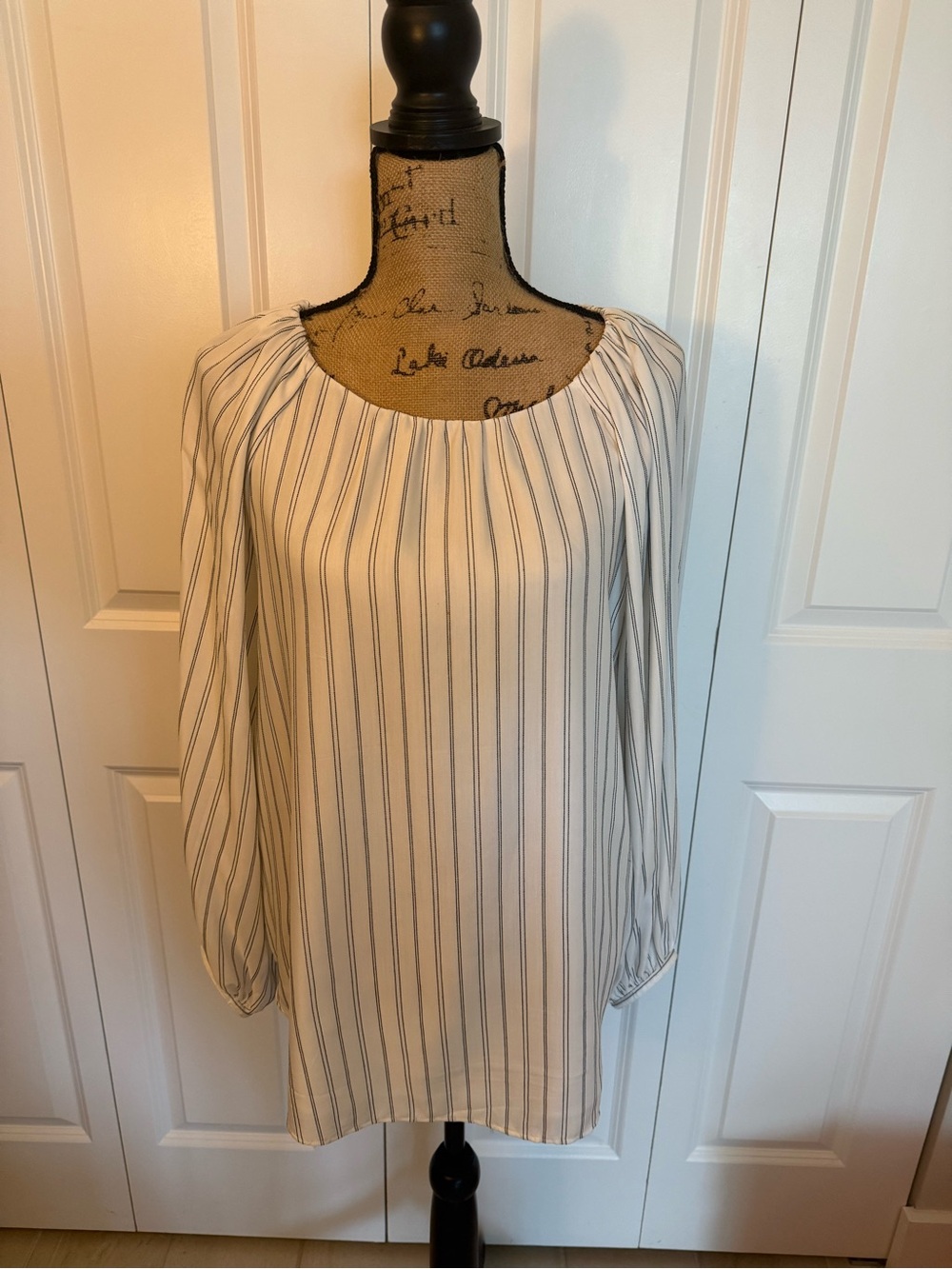 Ann Taylor Cream Blouse with Black Pinstripes